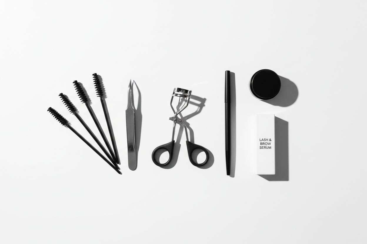Lash and brow black and white utinsils and products, aesthetic Pinterest style theme 