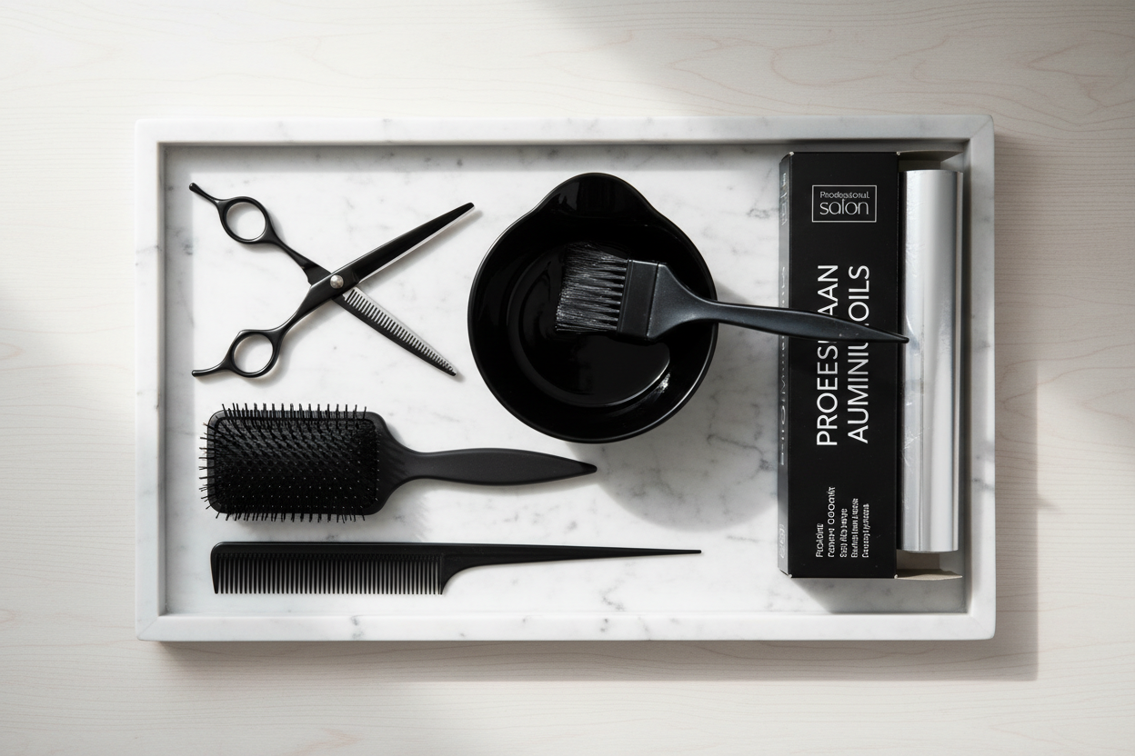 Okay, scratch that.  Make a photo that is realistic and has a black bowl of hair dye with the applicator sticking out, a black brush and comb, black scissors and a box of foils laying out on a tray aesthetically Pinterest style. 