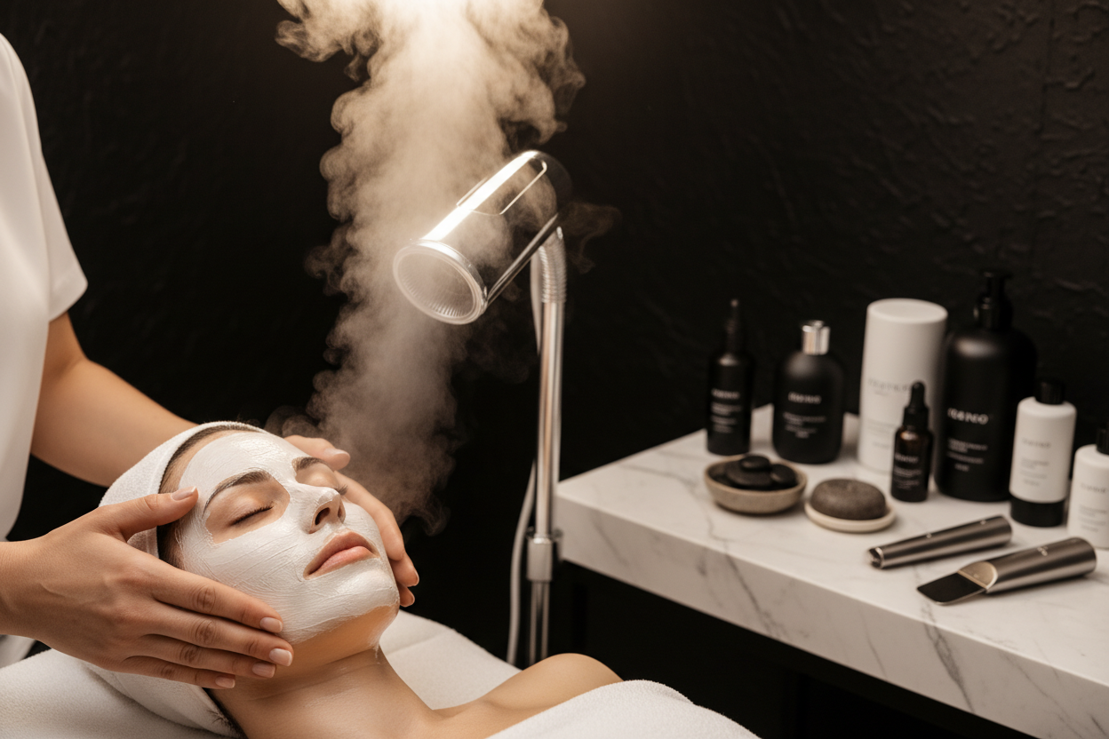 Realistic facial with steamer and hands on face. Luxury spa black walls with white and black utinsils and products 