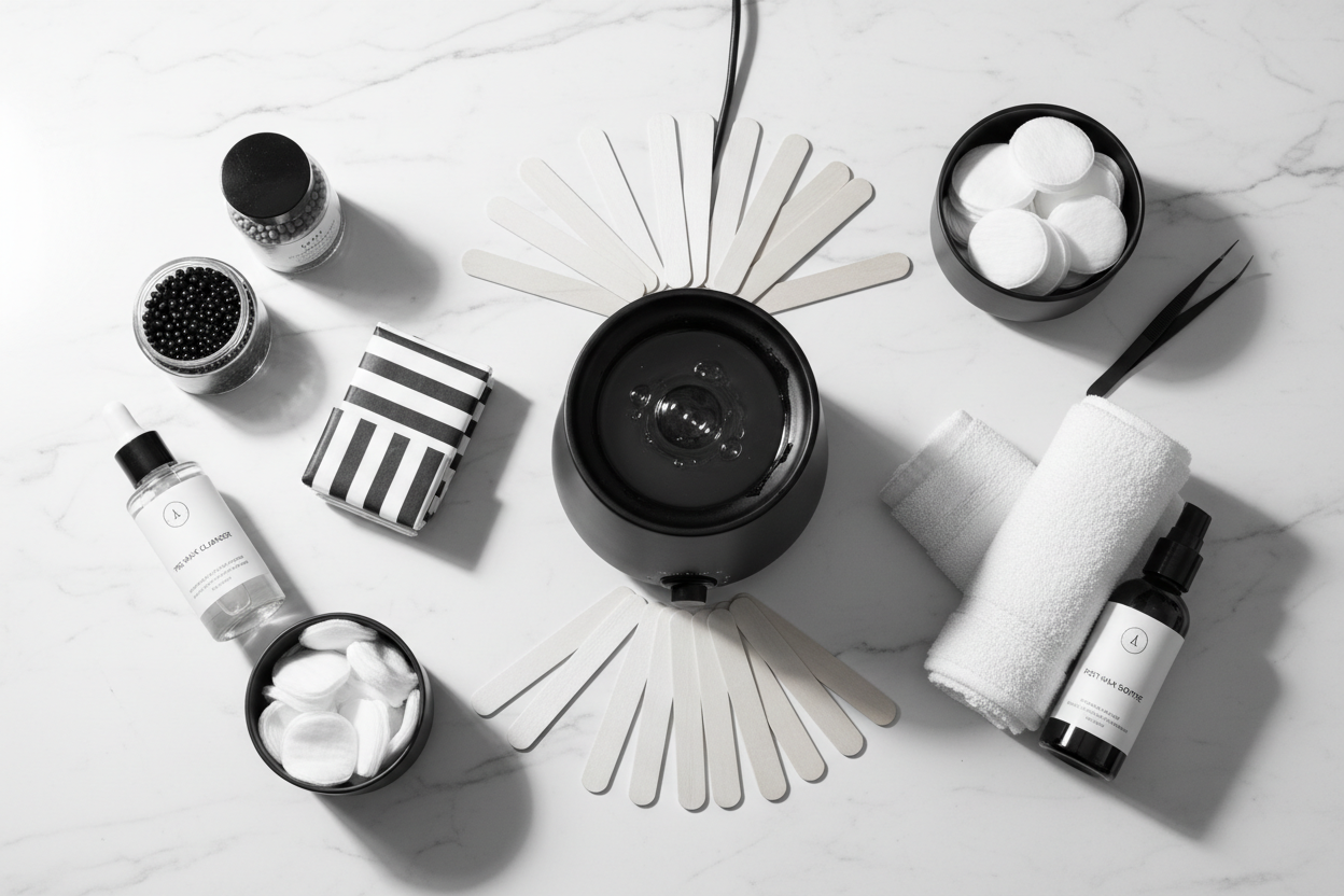 Wax pot with wax supplies around it astehtic Pinterest vibes black and white luxury 